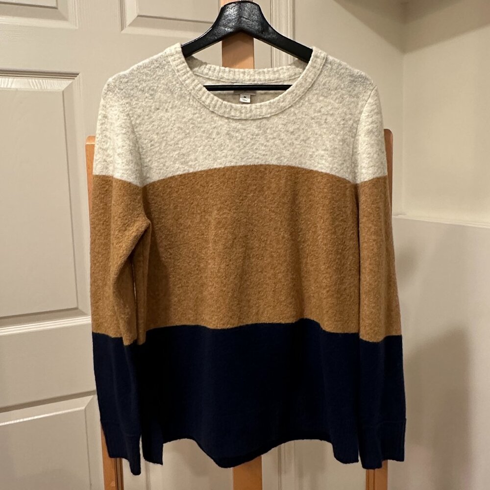 J Crew Medium Crew Neck Heathered Sweater Brown Navy Blue Light Gray/Tan EUC